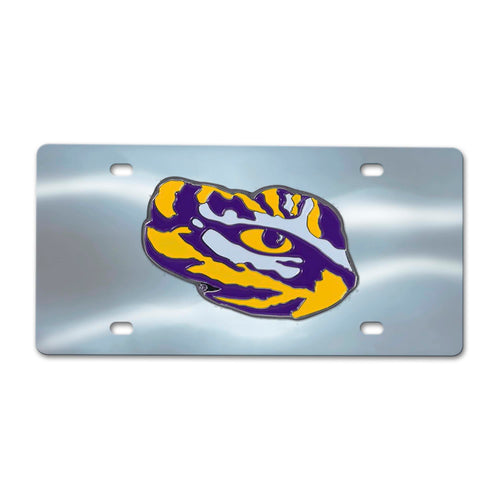 LSU Chrome Diecast License Plate by Logo Brands featuring LSU logo and chrome finish, designed for vehicle decoration.