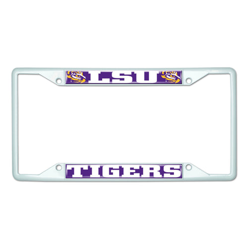 LSU white license plate frame by Logo Brands with LSU logo, designed to fit standard license plates for vehicle decoration.