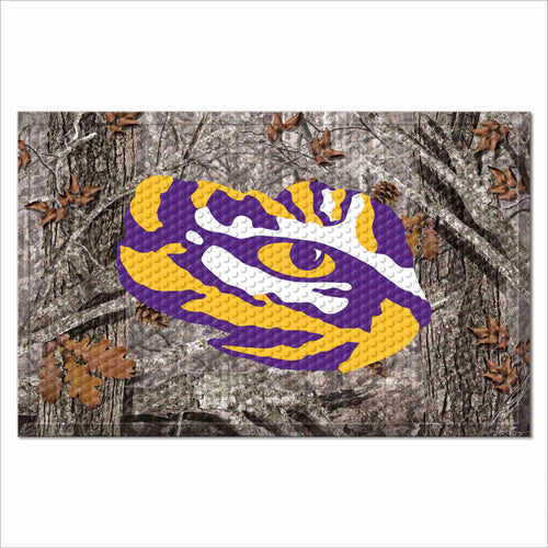 LSU camo scraper mat by Logo Brands with LSU logo and camouflage design, ideal for indoor or outdoor use.