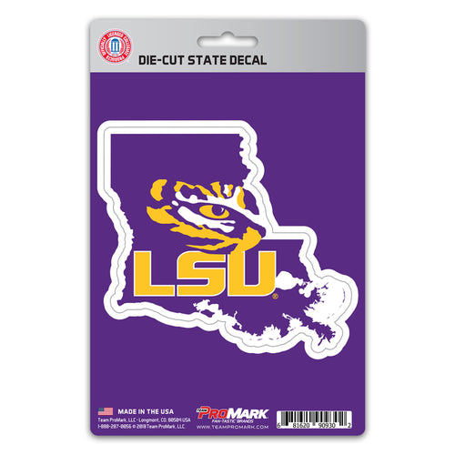 LSU state shape decal by Logo Brands, featuring team logo and colors, suitable for decorating laptops or cars.