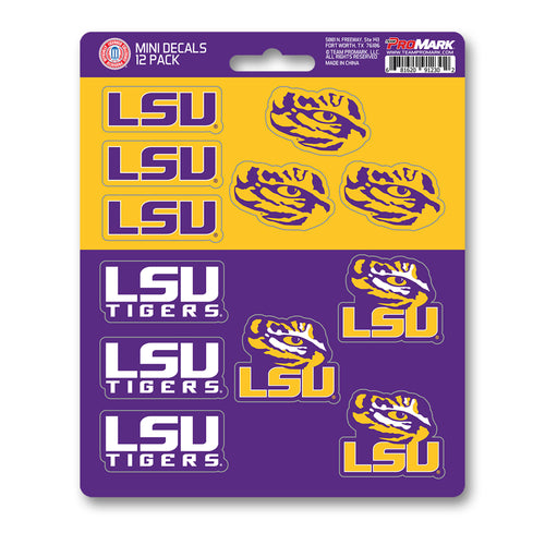 Set of 12 LSU mini decals by Logo Brands featuring team logo and colors on adhesive stickers for fans.