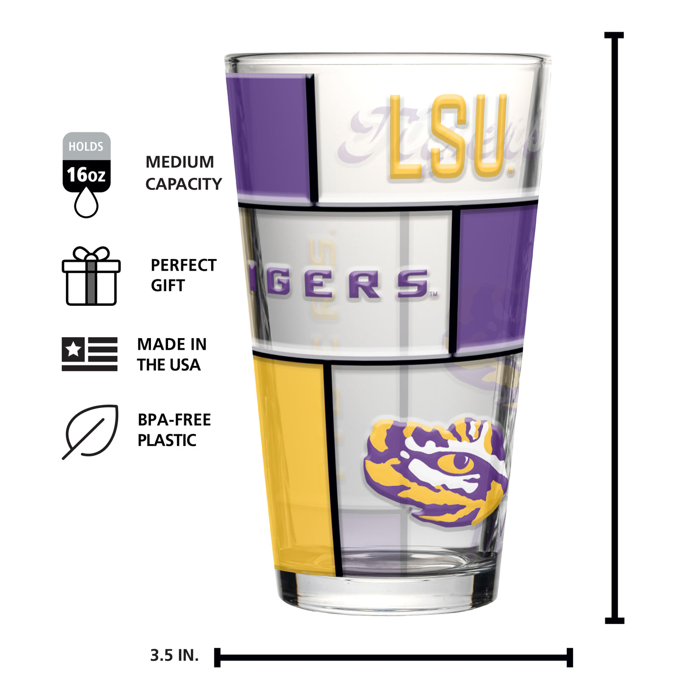 LSU 16oz Quilted Stained Pint Glass