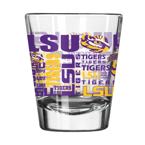 LSU 2oz spirit shot glass by Logo Brands, clear drinkware with LSU logo for celebrating college sports.