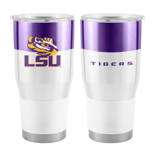 LSU 30oz colorblock stainless tumbler from Logo Brands, featuring LSU logo and vibrant colorblock design for hot or cold drinks.