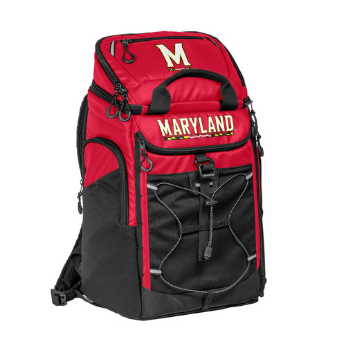 Maryland 26 Can Backpack Cooler by Logo Brands showing insulated main compartment with adjustable straps and side pockets.