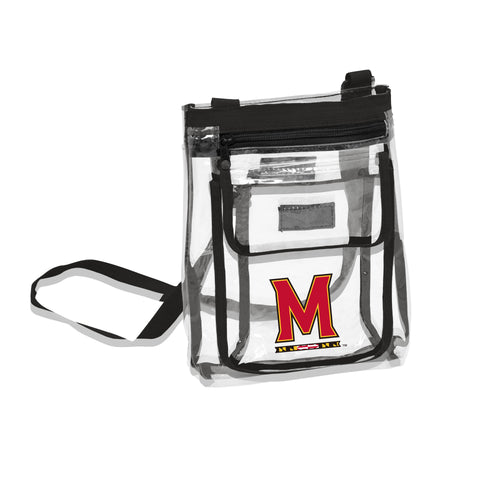 Clear crossbody bag from Maryland Gameday collection by Logo Brands, featuring team logo and adjustable strap.