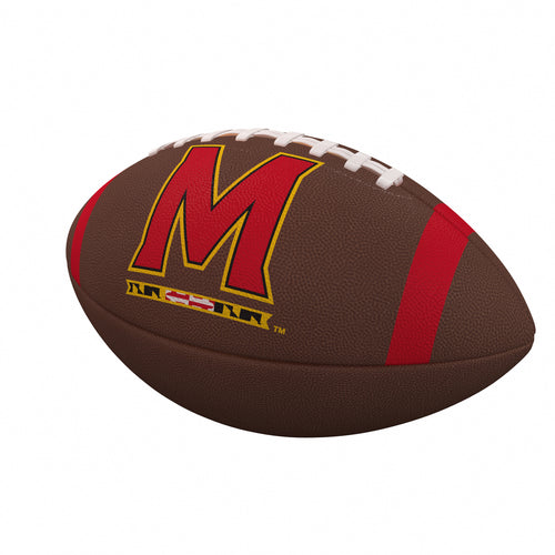 Official Maryland Team Stripe composite football by Logo Brands, showing the textured surface and team colors for recreation use.