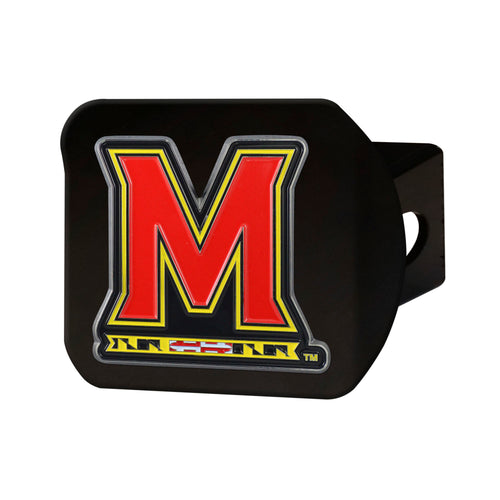 University of Maryland logo hitch cover on black, featuring the Maryland color design, made by Logo Brands for vehicle protection.