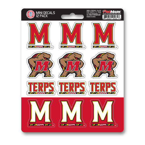Set of 12 University of Maryland mini decals by Logo Brands featuring Maryland Terrapins logo stickers on a white background.