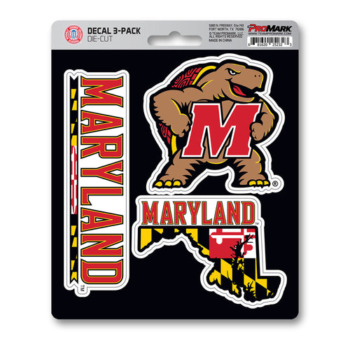 Set of three University of Maryland decal stickers by Logo Brands featuring Maryland Terrapins logos on adhesive decals.