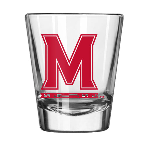 Maryland 2oz Gameday shot glass by Logo Brands, clear drinkware with Maryland team logo and 2-ounce capacity.