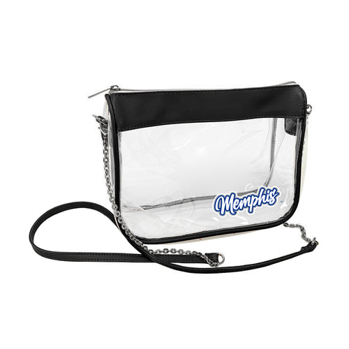 Black Memphis Hype clear bag by Logo Brands, showing see-through design with sturdy handles and spacious interior for storage.