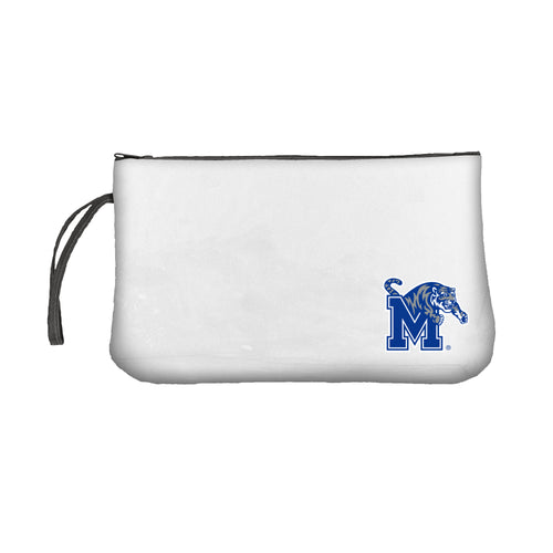 Memphis Black Trim Clear Wristlet bag with black accents, designed for easy carrying and visibility of contents.