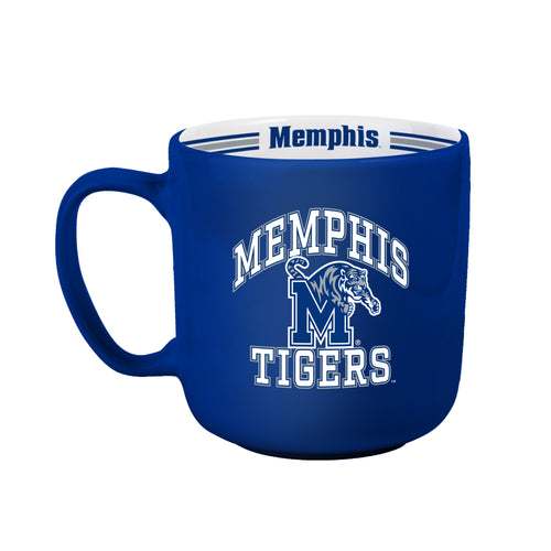 Memphis 15oz striped mug from Logo Brands, large ceramic drinkware with blue and white stripe design, front view.