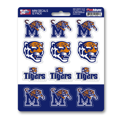 Set of 12 University of Memphis mini decals by Logo Brands featuring vibrant Memphis Tigers logo stickers.