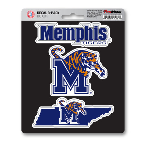 Set of three University of Memphis decal stickers featuring the Memphis Tigers logo, ideal for decorating laptops or water bottles.