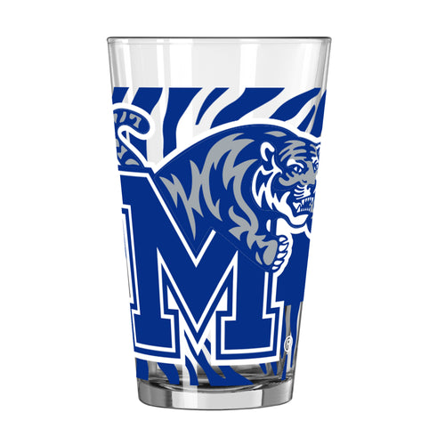 Memphis 16oz tiger stripe pint glass from Logo Brands featuring bold tiger stripe pattern on clear drinkware.