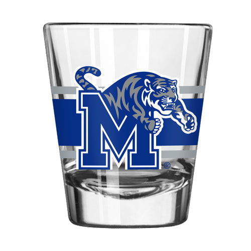 Memphis 2oz stripe shot glass by Logo Brands, clear glass with blue and white stripe design for drinkware collection.