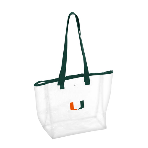Clear tote bag with Miami Stadium logo, durable PVC material, featuring sturdy handles and spacious interior for essentials.