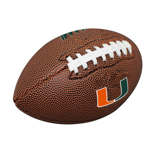 Miami Mini Size Composite Football by Logo Brands, close-up of the small recreational football with Miami logo and white stitching.