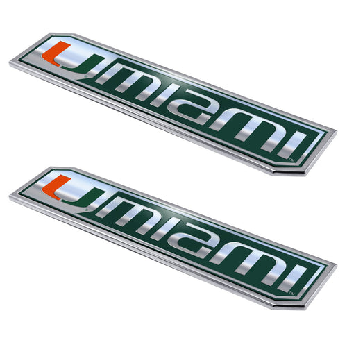 University of Miami embossed truck emblems, Logo Brands 2-pack featuring Miami logo designs on metallic patches.