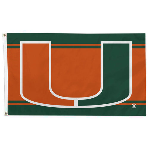 University of Miami 3x5 flag by Logo Brands, featuring vibrant university logo and colors, suitable for display or outdoor use.