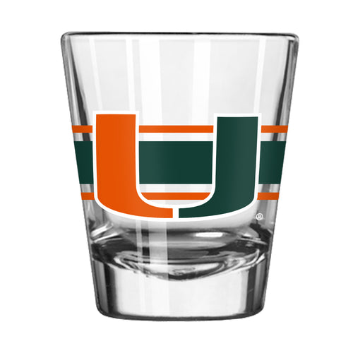 Miami 2oz Stripe Shot Glass from Logo Brands, clear glass drinkware with blue and white stripe design, suitable for shots and beverages.