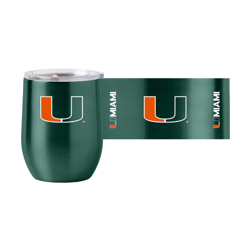 Miami 16oz Gameday stainless steel curved beverage drinkware by Logo Brands, showing a sleek, curved stainless steel tumbler with team logo.