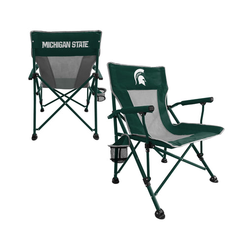 Michigan State hard arm chair from Logo Brands, featuring green upholstery and wooden arms, designed for comfortable seating.
