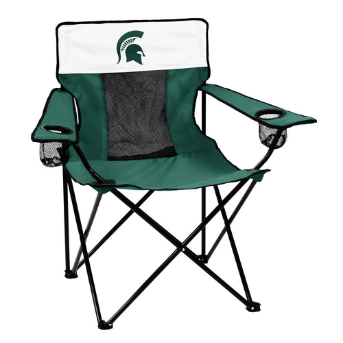 Michigan State Elite chair by Logo Brands, featuring green upholstery and team logo, designed for comfortable seating and display.