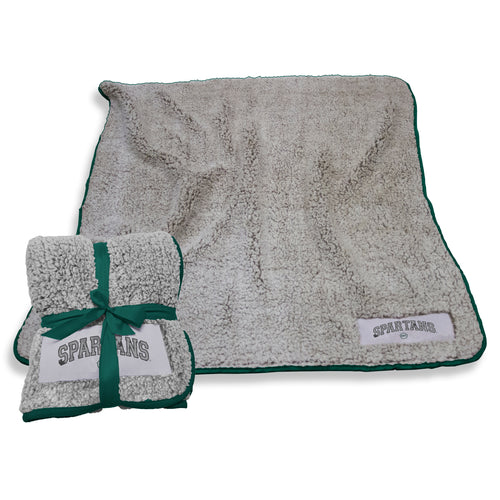 Michigan State OHT Frosty Fleece blanket by Logo Brands, featuring green Spartan logo on soft, cozy fleece fabric.