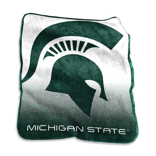 Michigan State Raschel throw blanket by Logo Brands, featuring green and white Spartan mascot design, soft and cozy for fans.