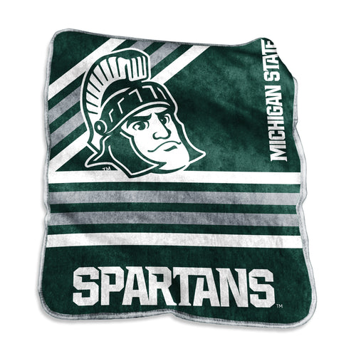 Michigan State Raschel throw blanket by Logo Brands, featuring green and white Spartan logo and soft woven fabric.
