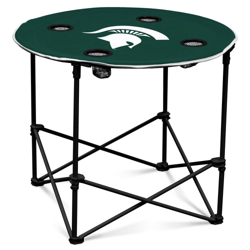 Michigan State round table furniture by Logo Brands, featuring a green table with the university logo and a smooth wooden surface.