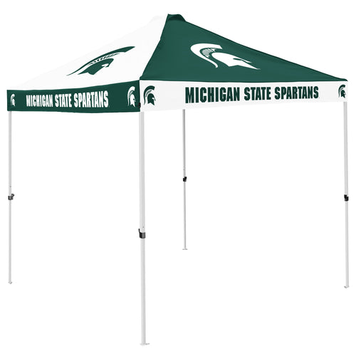 Michigan State checkerboard canopy shelter by Logo Brands, featuring a green and white checkered fabric and sturdy frame.