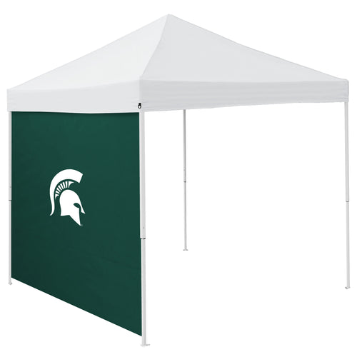 Michigan State 9x9 side panel for Logo Brands shelter, featuring green fabric with Michigan State logo and team colors
