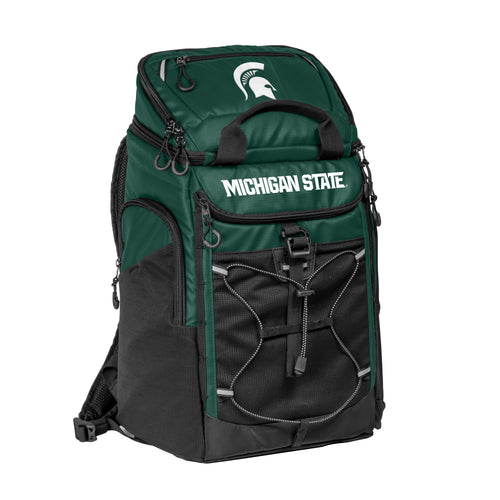 Michigan State 26-can backpack cooler by Logo Brands, featuring insulated compartment and adjustable straps for outdoor use.