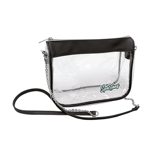 Black Michigan State Hype clear bag by Logo Brands with bold Spartan logo and transparent design for sports events.