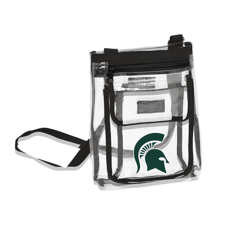 Clear crossbody bag by Logo Brands for MI State Gameday, featuring transparent material and adjustable strap.