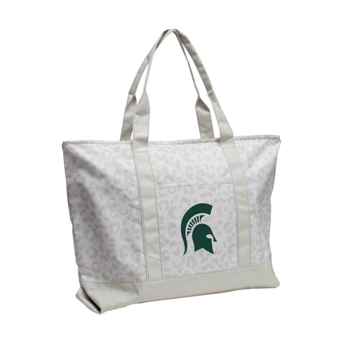 Michigan State leopard pattern tote bag by Logo Brands, featuring bold animal print and spacious design for carrying essentials.