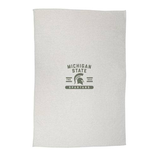 Michigan State oatmeal sweatshirt blanket by Logo Brands, soft fabric with green Spartan logo and cozy sweatshirt design.