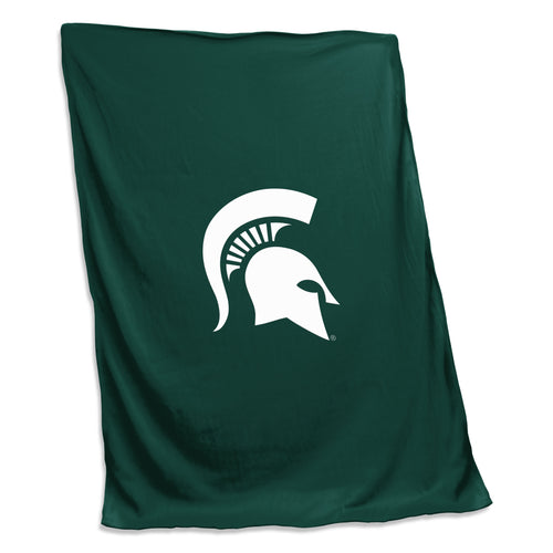 Michigan State sweatshirt blanket by Logo Brands, featuring green fabric with Spartan logo and university design.