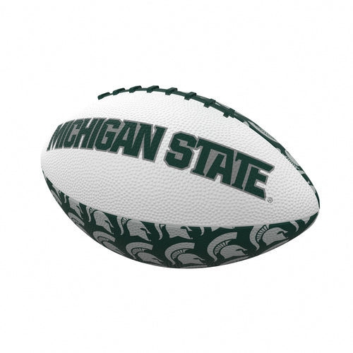 Mini Michigan State Spartans rubber football for recreation, featuring the Logo Brands logo and team colors.