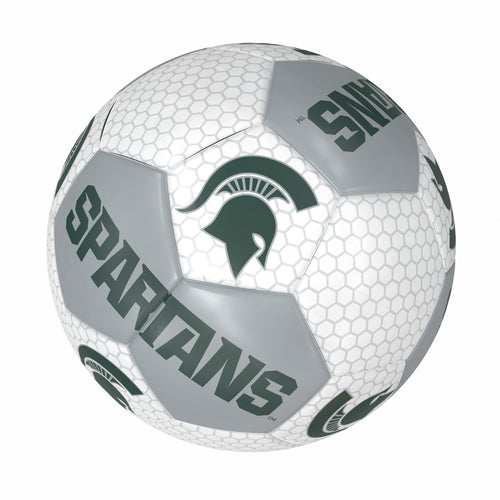Recreation MI State Size 1 soccer ball by Logo Brands with team logo and blue and white design on a grassy field