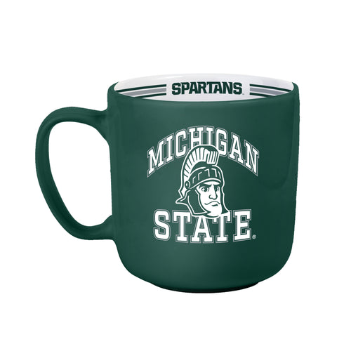Michigan State 15oz striped mug, Logo Brands drinkware featuring green and white team colors and Spartan logo design.