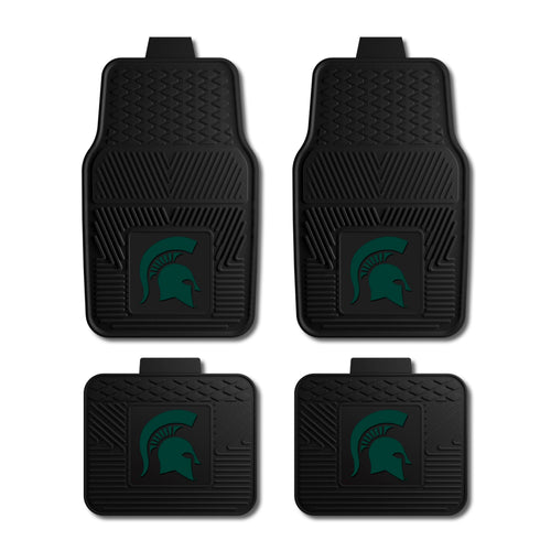 Michigan State University vinyl car mat set featuring four auto mats with green and white logos, designed for vehicle protection.