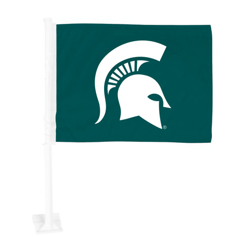 Michigan State University auto flag by Logo Brands attached to a car window with green and white MSU logo design.
