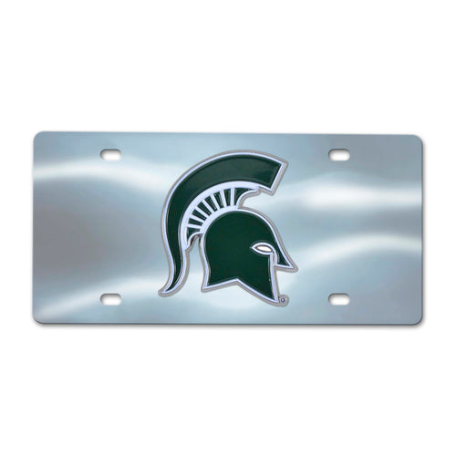 Michigan State University chrome diecast license plate with school logo and team colors, made by Logo Brands.