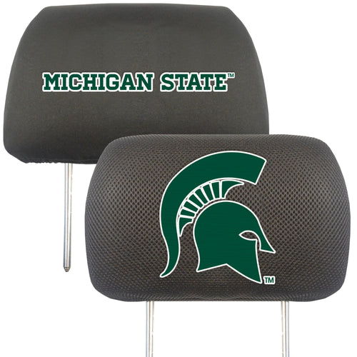 Michigan State University logo headrest cover for car seats, made by Logo Brands, featuring green and white MSU design.