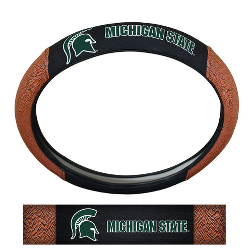 Michigan State University logo sports grip steering wheel cover on a car steering wheel. Durable auto cover by Logo Brands.